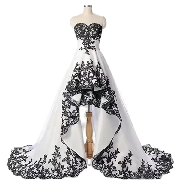 Gothic wedding dresses with high bow, lace appliques, satin A-line