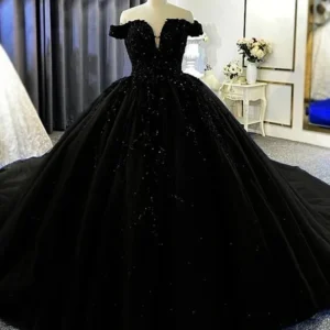 Black Off Shoulder Gothic Wedding Dress Lace Beaded Tulle Gown