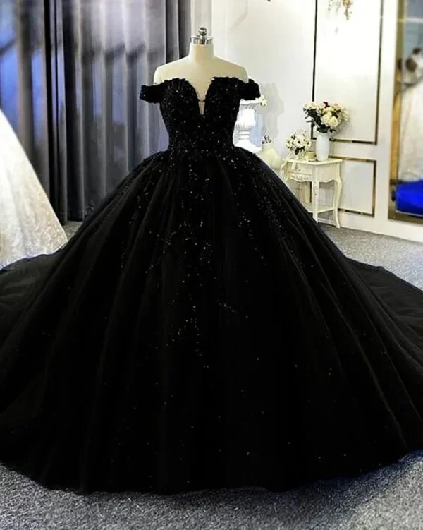 Black Off Shoulder Gothic Wedding Dress Lace Beaded Tulle Gown