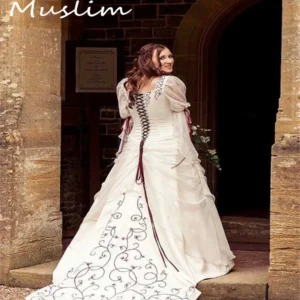 Victorian Gothic Wedding Dress With Red Embroidery Lace-Up Customized