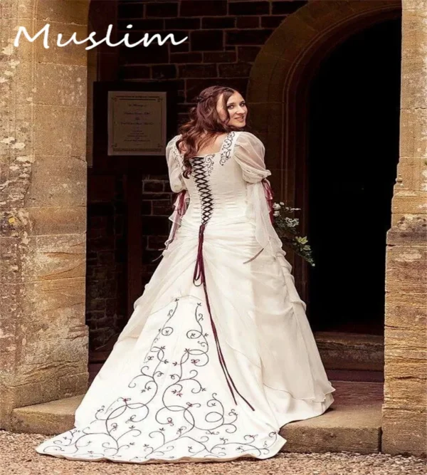 Victorian Gothic Wedding Dress With Red Embroidery Lace-Up Customized