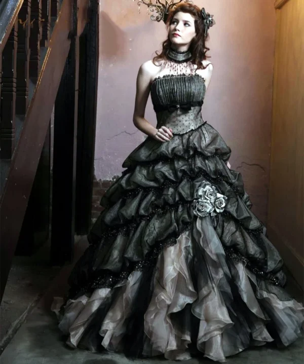 Champagne Black Gothic Wedding Dress Ruffles Tiered Corset Organza - Image 2