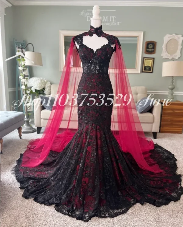 Gothic Wedding Dresses: Black and Dark Red Mermaid Lace Gown