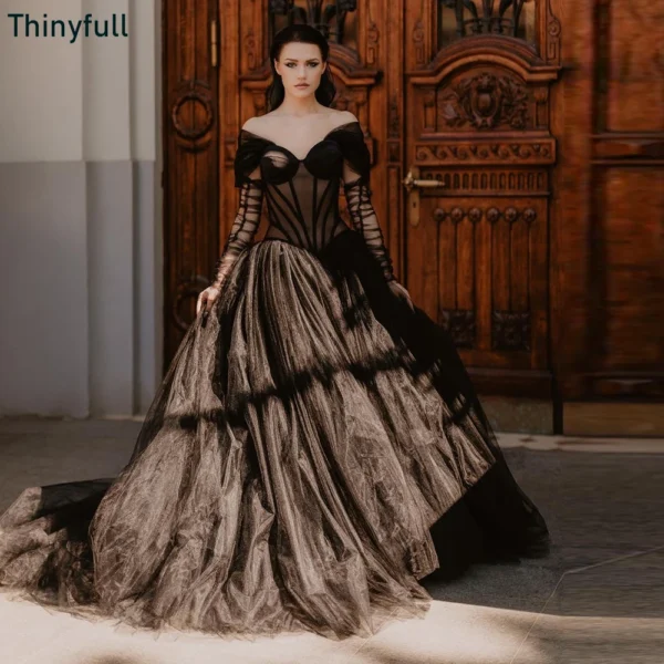 Gothic Wedding Dresses: Black Sheer Corset A-line Bridal Gown