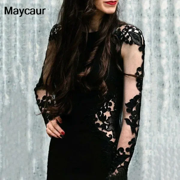 Gothic Black Mermaid Wedding Dress Lace Illusion Long Sleeves - Image 2