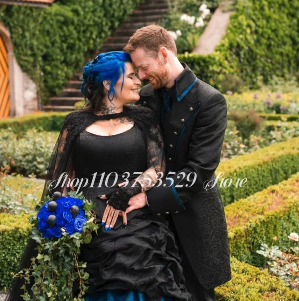 Gothic wedding dresses: Vintage blue, black satin, pleated, medieval bridal - Image 2