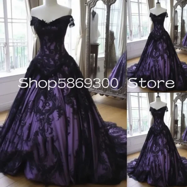 Gothic Wedding Dresses: Black Purple Off-Shoulder Lace-up Bridal Gown