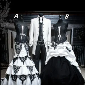 Classic Black White Gothic Victorian Laced Sheath Wedding Dress