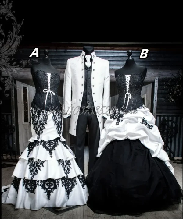 Classic Black White Gothic Victorian Laced Sheath Wedding Dress