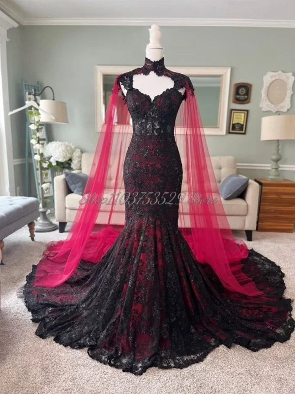 Gothic wedding dresses with black red lace, ruffles, detachable cape