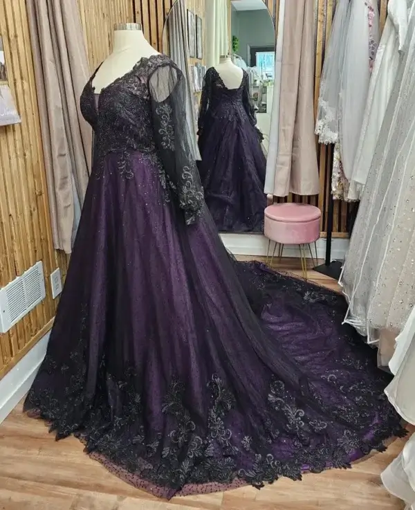 Gothic Wedding Dresses: Black & Purple Lace Corset Plus Size Gown - Image 2