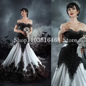 Victorian Gothic Punk One Shoulder Black White Corset Wedding Dress
