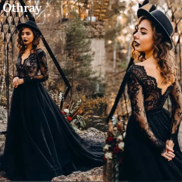 Gothic wedding dresses with V-neck, lace, long sleeves, covered buttons