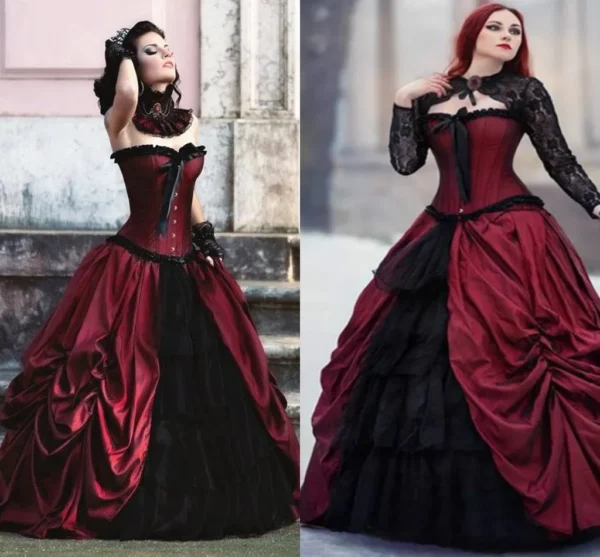 Gothic Wedding Dresses: Burgundy Black Lace-up Corset Plus Size Gown