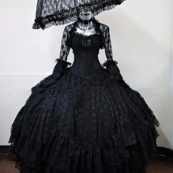 Gothic wedding dresses: Lace corset, Victorian gown, long sleeves