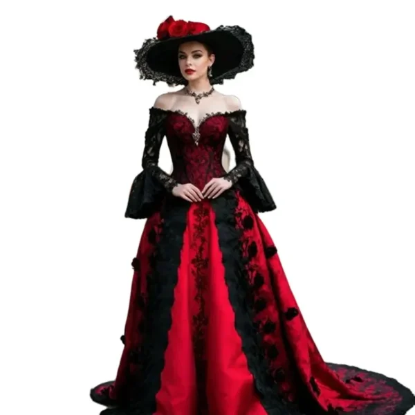 Gothic wedding dresses, Victorian black red lace-up corset gown - Image 2