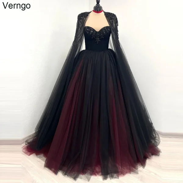 Gothic Black Wedding Dress Sweetheart Beaded Cape Tulle Gown