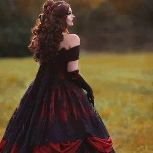 Vintage Red Black Wedding Dress Plus Size Gothic Bride Gown