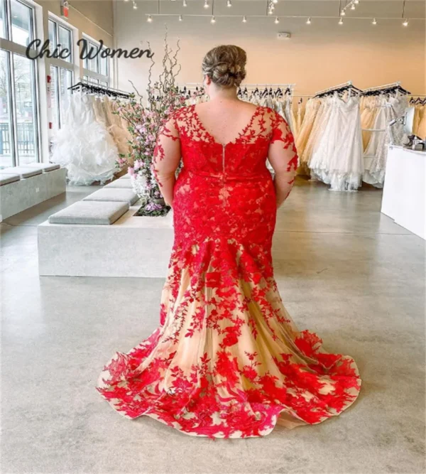 Plus Size Gothic Red Black Lace Mermaid Wedding Dress With Train - Image 4
