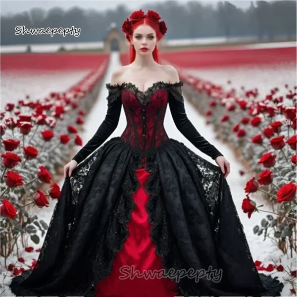 Gothic Wedding Dresses: Black and Red Vintage Corset Princess Gown