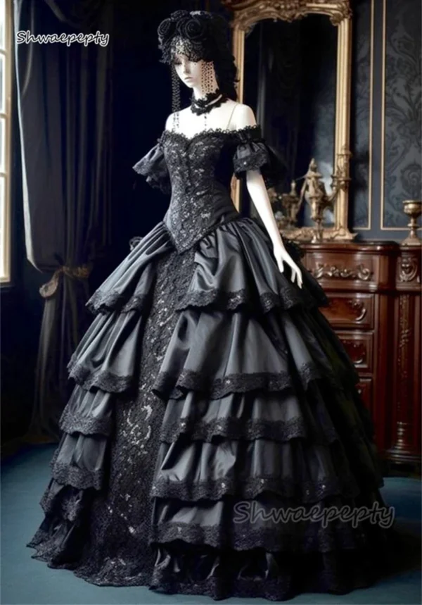 Gothic Black Off Shoulder Victorian Corset Wedding Ball Gown Customized - Image 2