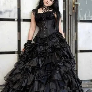 Gothic Victorian Black Wedding Dress Tiered Corset Puffy Skirt Vintage