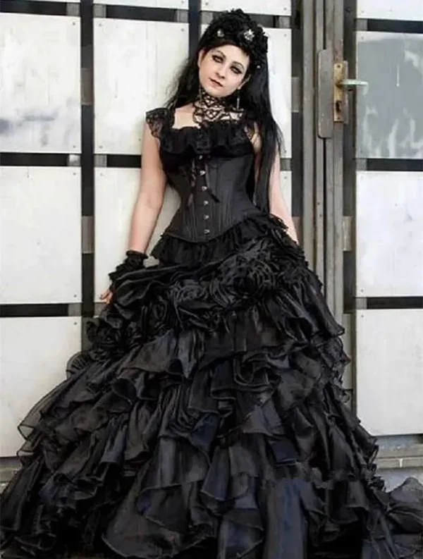 Gothic Victorian Black Wedding Dress Tiered Corset Puffy Skirt Vintage