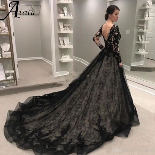 Gothic wedding dresses with black lace applique and V-neck design - Image 2