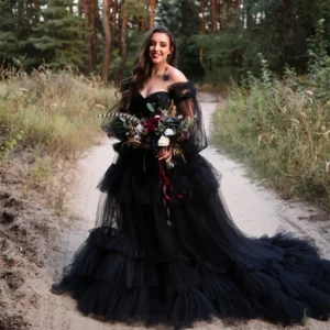 Vintage Black Gothic Wedding Dress Off Shoulder Long Sleeves Gown