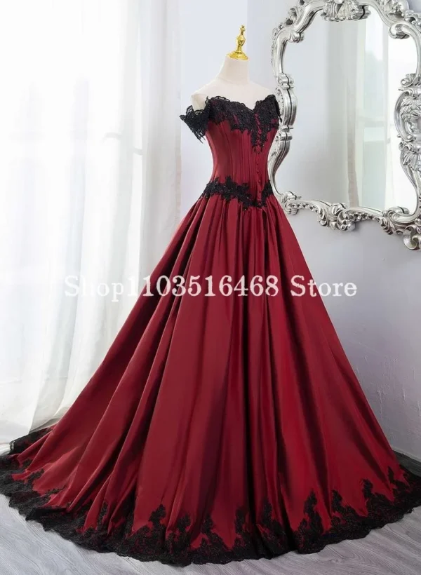 Gothic Red Wedding Dress One Shoulder Corset Lace A-Line Gown - Image 2