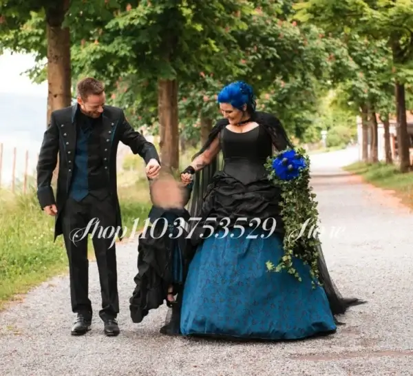 Gothic wedding dresses: Vintage blue, black satin, pleated, medieval bridal