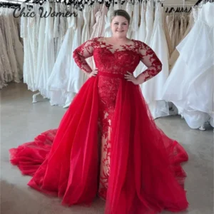 Plus Size Gothic Red Black Lace Mermaid Wedding Dress With Train