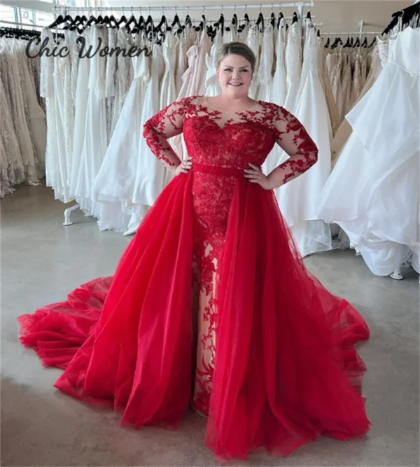 Plus Size Gothic Red Black Lace Mermaid Wedding Dress With Train