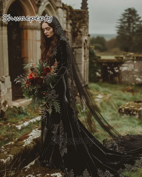 Black Velvet Gothic Wedding Dress Lace Mermaid Long Sleeves - Image 2