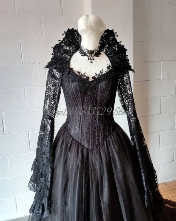 Classic Black Gothic Wedding Dress Victorian Lace Applique Corset - Image 4