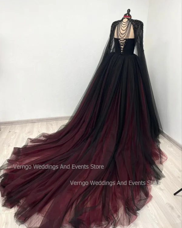 Gothic Black Wedding Dress Sweetheart Beaded Cape Tulle Gown - Image 3
