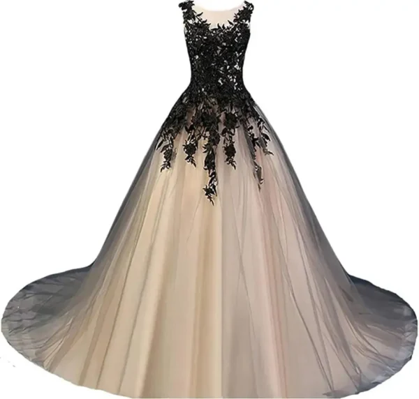 Gothic Wedding Dresses Black Ivory Applique Lace-Up Corset Gown - Image 3