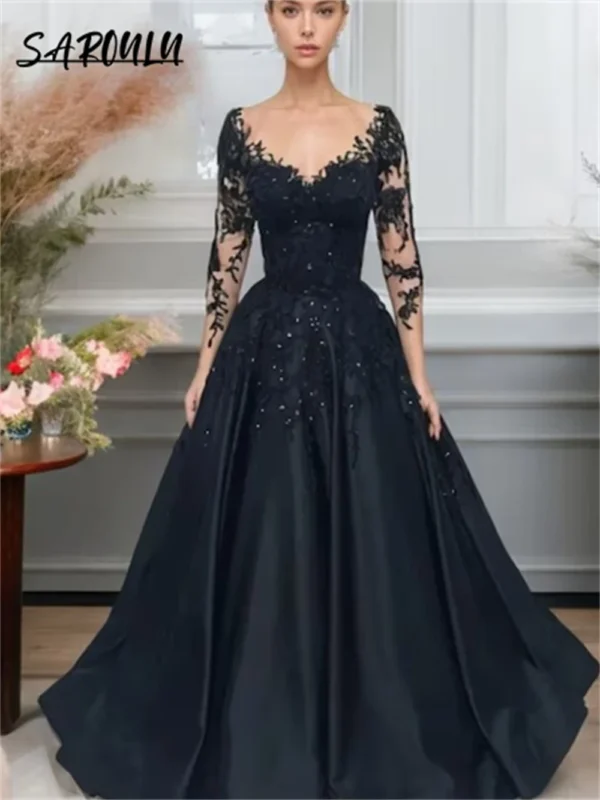 Gothic Wedding Dresses: Black Ballgown with Lace Appliques & Sleeves