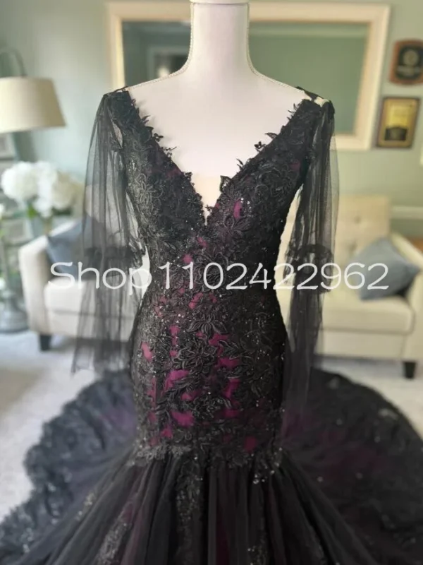 Gothic Wedding Dresses: Black and Purple Lace Applique Bridal Gown - Image 3