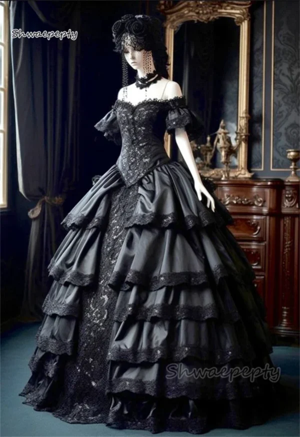 Gothic Black Off Shoulder Victorian Corset Wedding Ball Gown Customized