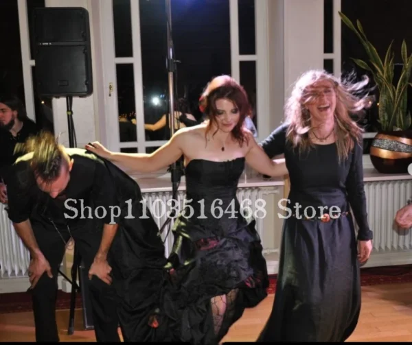 Vintage Gothic Black Purple Corset Satin A-Line Wedding Gown With Train - Image 2