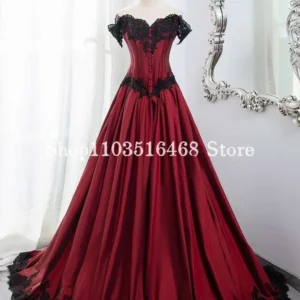 Gothic Red Wedding Dress One Shoulder Corset Lace A-Line Gown
