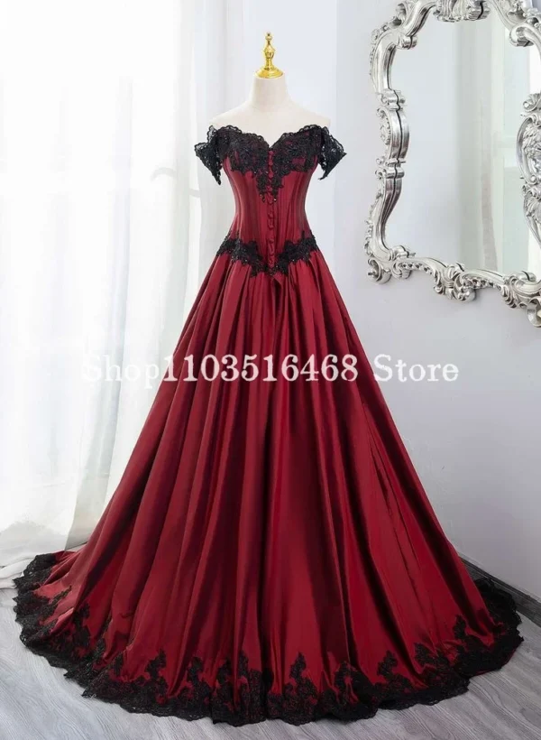 Gothic Red Wedding Dress One Shoulder Corset Lace A-Line Gown