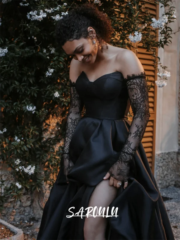 Gothic Wedding Dresses Black Lace Sleeves Satin Bride Gown Customized