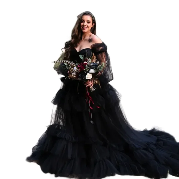 Vintage Black Gothic Wedding Dress Off Shoulder Long Sleeves Gown - Image 4