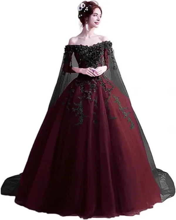 Gothic Wedding Dresses A-Line Off Shoulder Cape 3D Flowers Gown