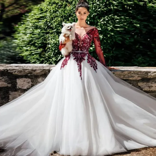 Gothic wedding dresses: Burgundy, white lace, tulle, long sleeves, boho gown