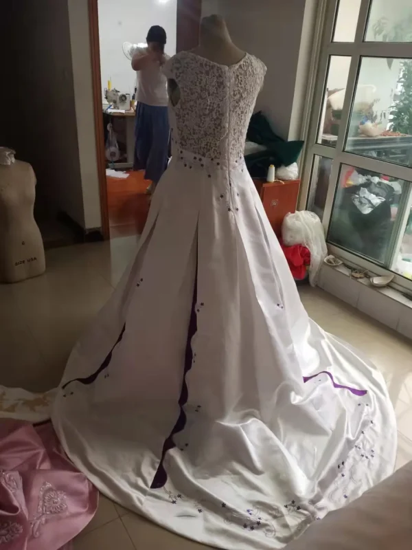 Gothic wedding dresses with satin, lace, embroidery, capped sleeves, train - Image 3
