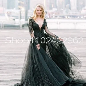 Black Mermaid Gothic Wedding Dress with Removable Skirt Applique