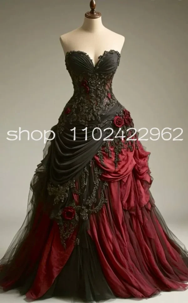 Gothic wedding dresses: Black burgundy 3D rose floral corset bridal gown